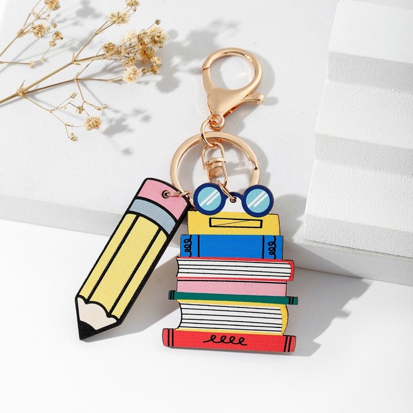 Teachers' Day Gift Apple Book Pencil Holder Eye Pencil Rainbow Pendant Keychain for Women Teacher Hainon 1625