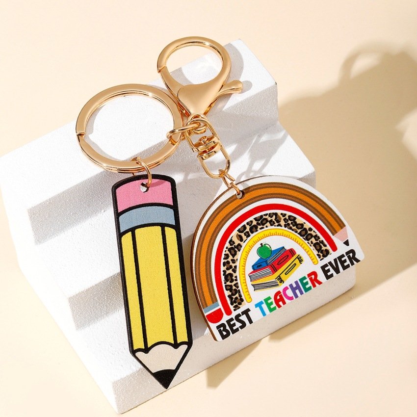 Teachers' Day Gift Apple Book Pencil Holder Eye Pencil Rainbow Pendant Keychain for Women Teacher Hainon 1625