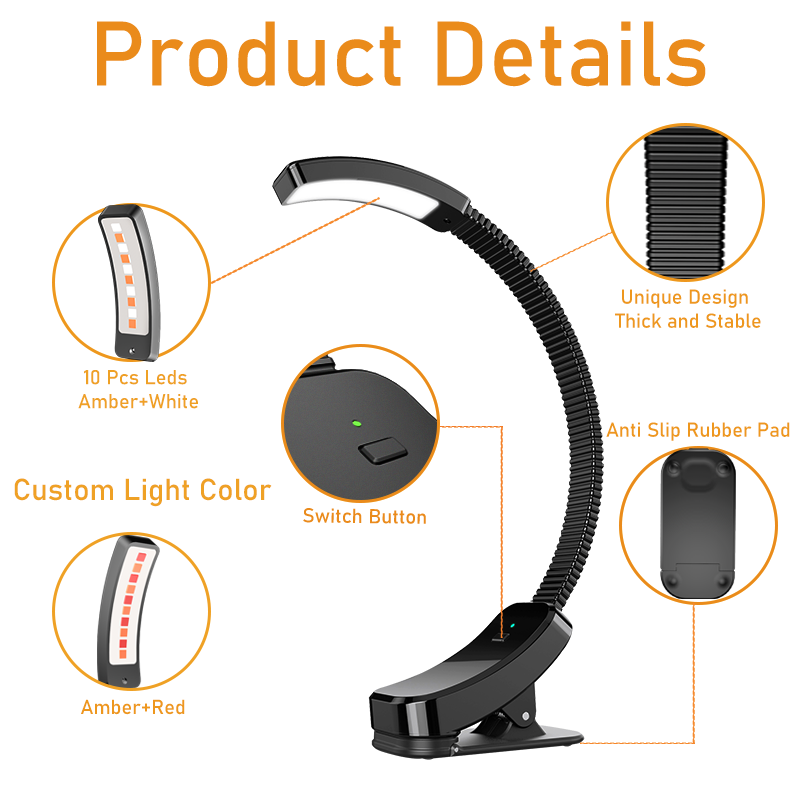 Magnet Adsorption Amber Rechargeable Eye Care Clip Book Light for Reading in Bed 99.98% Block Blue Light