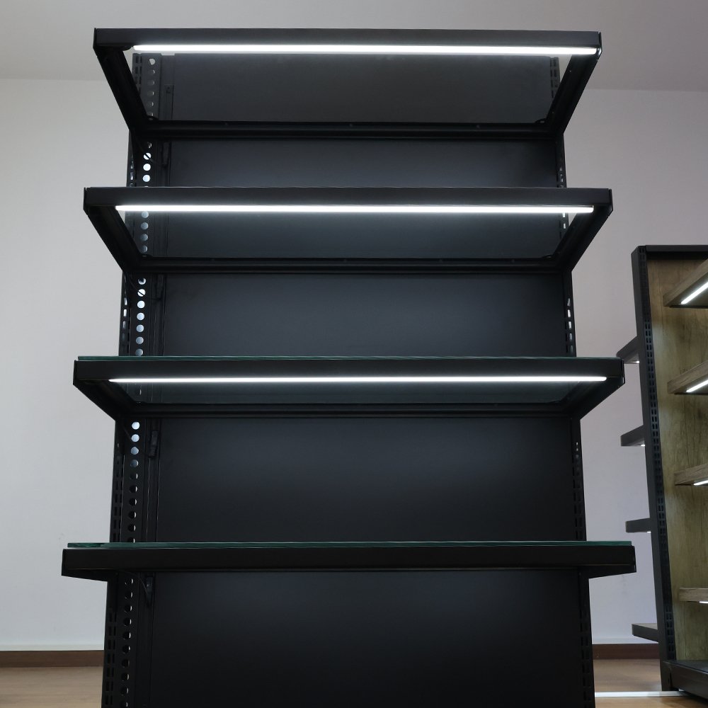 6-tier led metal wood display book shelf supermarket shelf dimmable LED lights wall mounted track light strip rail