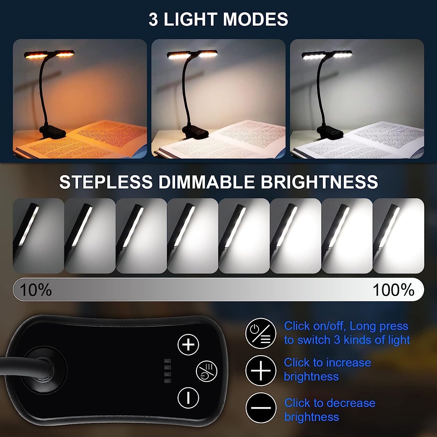 Reading Light for Book in Bed Book Light Adjustable Lamp with Clip-on LED Rechargeable 3 Colors Reading light Giftss For