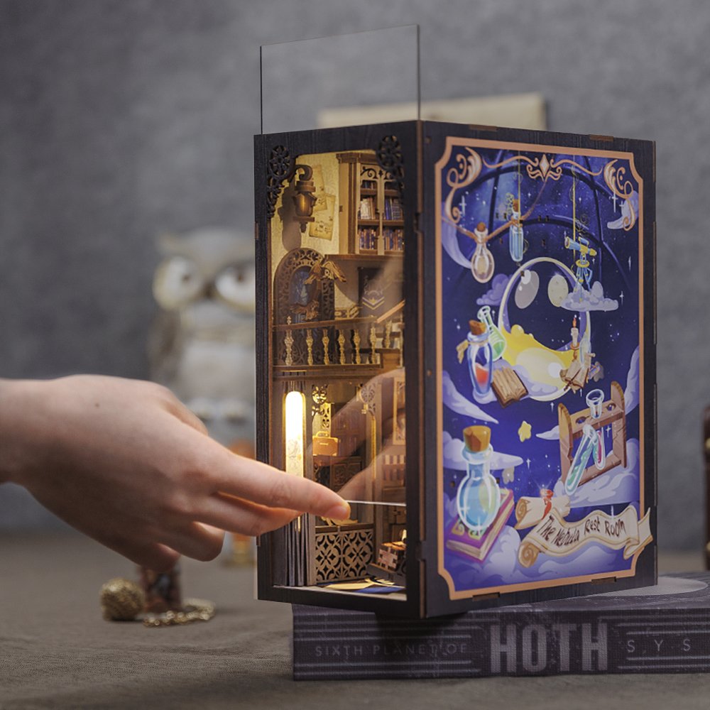 Cutebee Miniature Model 2023 New Design 3D Wooden Puzzle Christmas Magic Book Nook Kit with dust cover and LED Touch Light