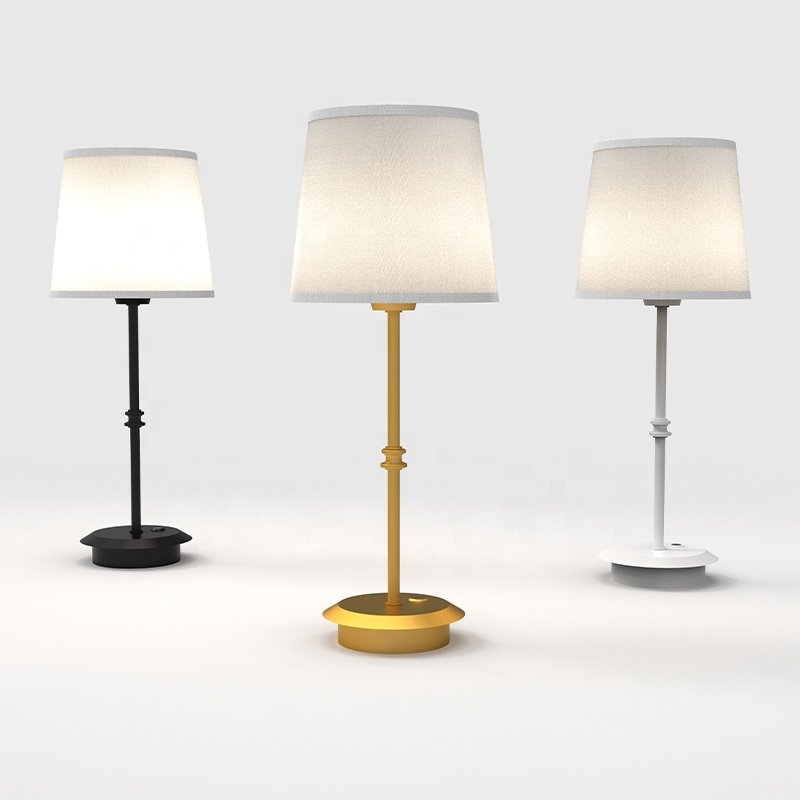 Wireless Modern Gold Brass Battery Rechargeable Restaurant Cordless Fabric Shade E27 Bulb LED Table Lamp