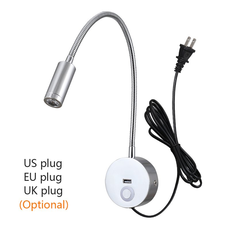 3W Flexible Hose Led Read Bedside Lamp Book Reading Light with switch pipe light USB charging port LED wall reading light