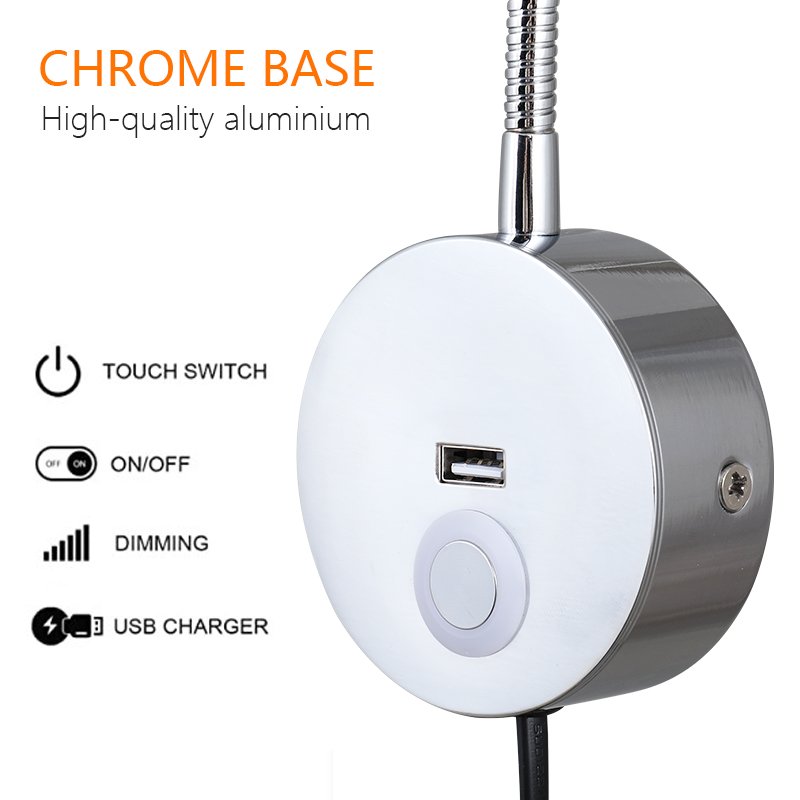 3W Flexible Hose Led Read Bedside Lamp Book Reading Light with switch pipe light USB charging port LED wall reading light