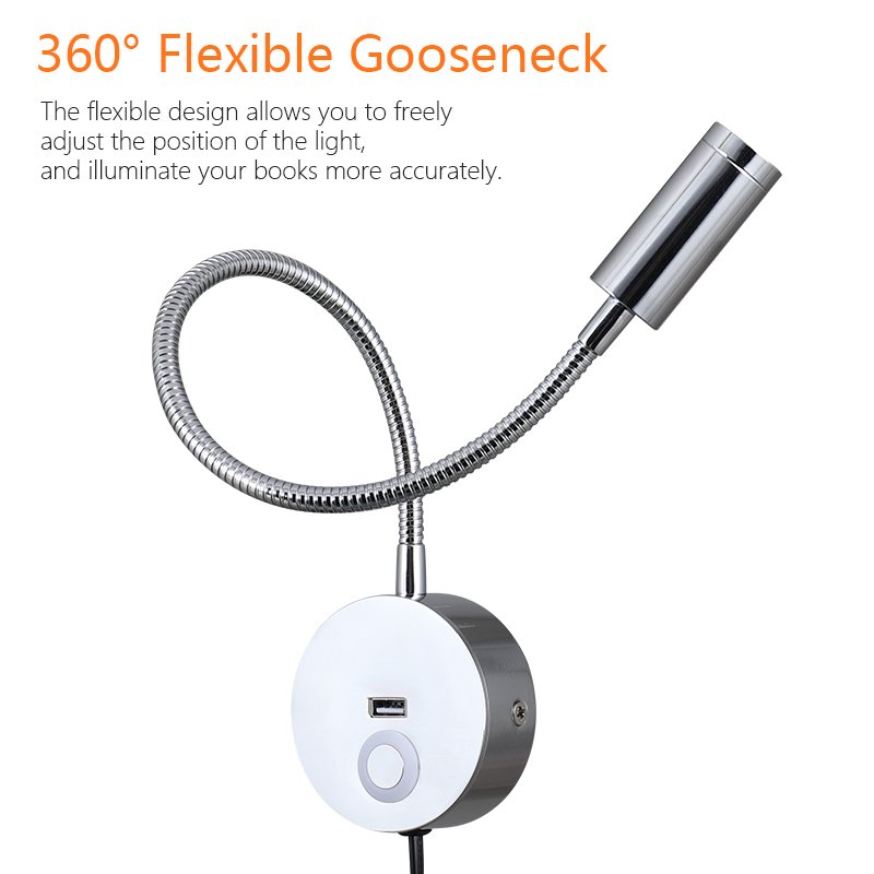 3W Flexible Hose Led Read Bedside Lamp Book Reading Light with switch pipe light USB charging port LED wall reading light