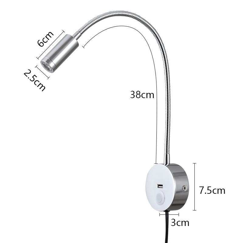 3W Flexible Hose Led Read Bedside Lamp Book Reading Light with switch pipe light USB charging port LED wall reading light
