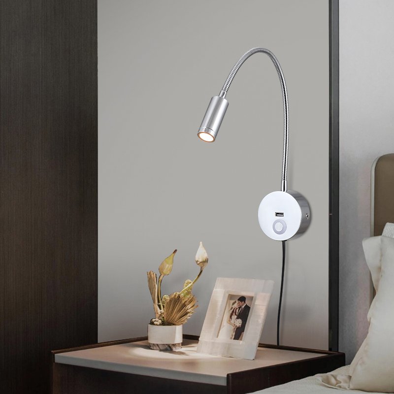 3W Flexible Hose Led Read Bedside Lamp Book Reading Light with switch pipe light USB charging port LED wall reading light