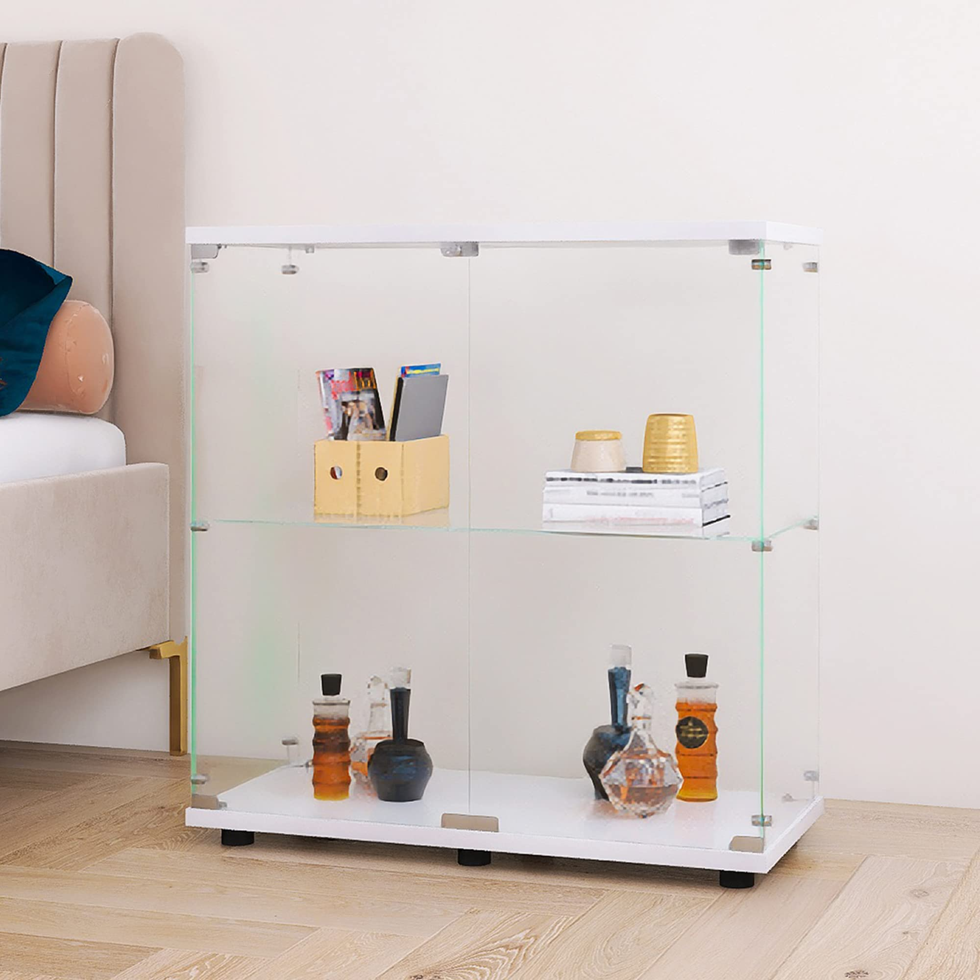 LED customized glass display cabinet design corner showcase smoke book toy curio shoe shelf floor stand glass shelves