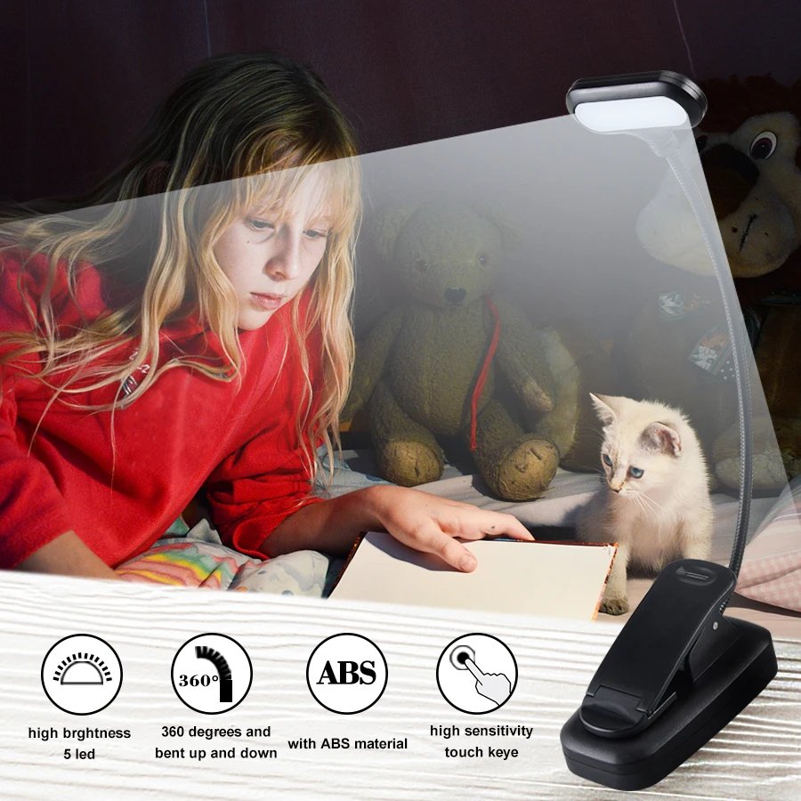 LED Book Light USB Rechargeable Reading Light 3-Level Warm Cool White Daylight Portable Flexible Easy Clip Night Reading Lamp