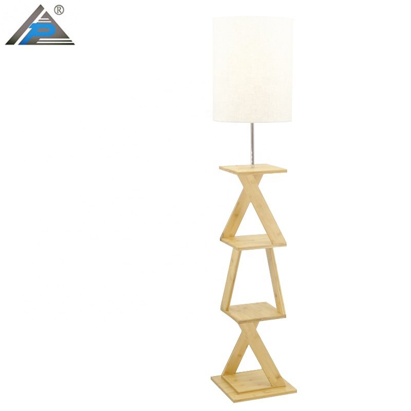 Multicolored Shade Living Room Decor Wood Storage Floor Lamp Modern Bamboo Natural Style Standing Floor Lamp with Book Shelf