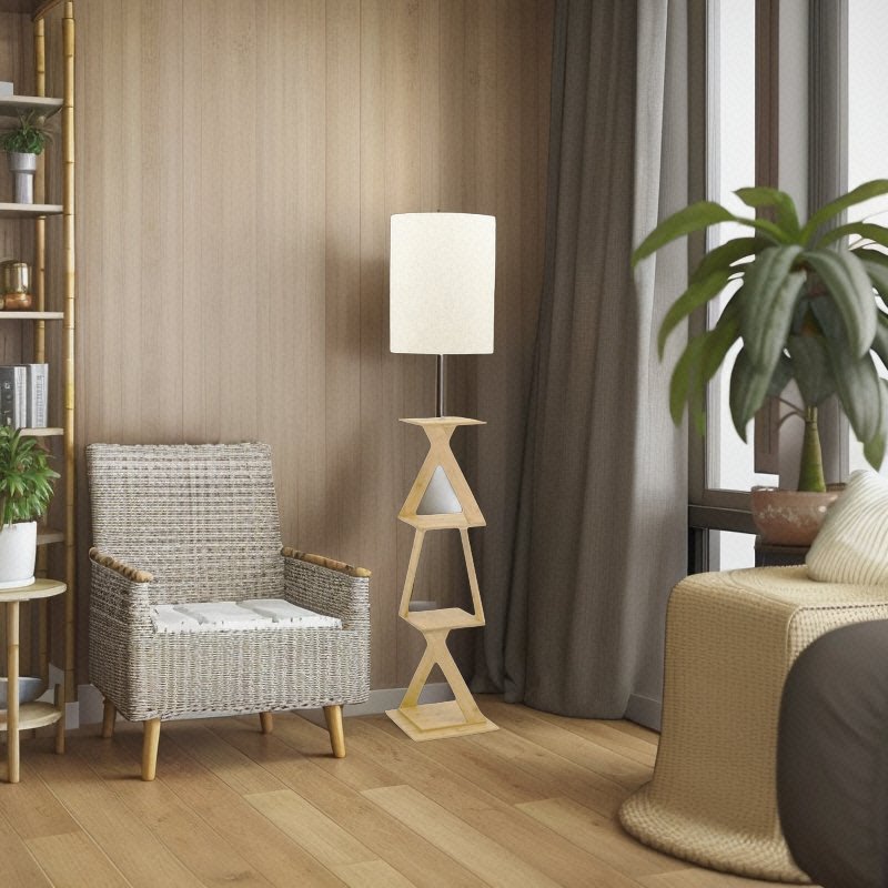 Multicolored Shade Living Room Decor Wood Storage Floor Lamp Modern Bamboo Natural Style Standing Floor Lamp with Book Shelf