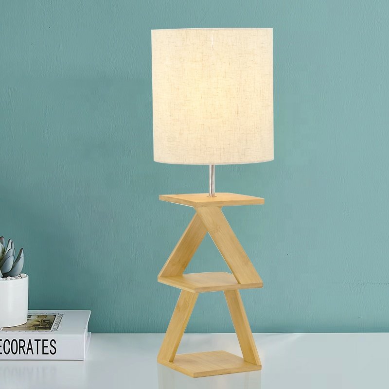 Multicolored Shade Living Room Decor Wood Storage Floor Lamp Modern Bamboo Natural Style Standing Floor Lamp with Book Shelf
