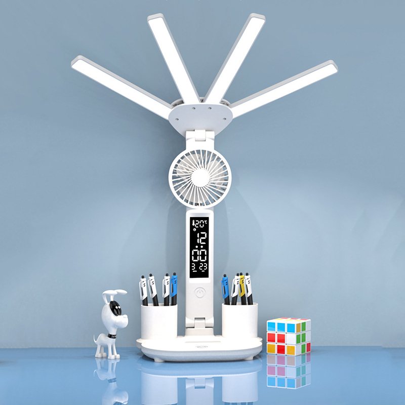 Wholesale Fold-Able Dormitory Student Lamp 4 Heads Dimmable Book Reading Light With Fan Household 3 In 1 Study Smart Table Lamp
