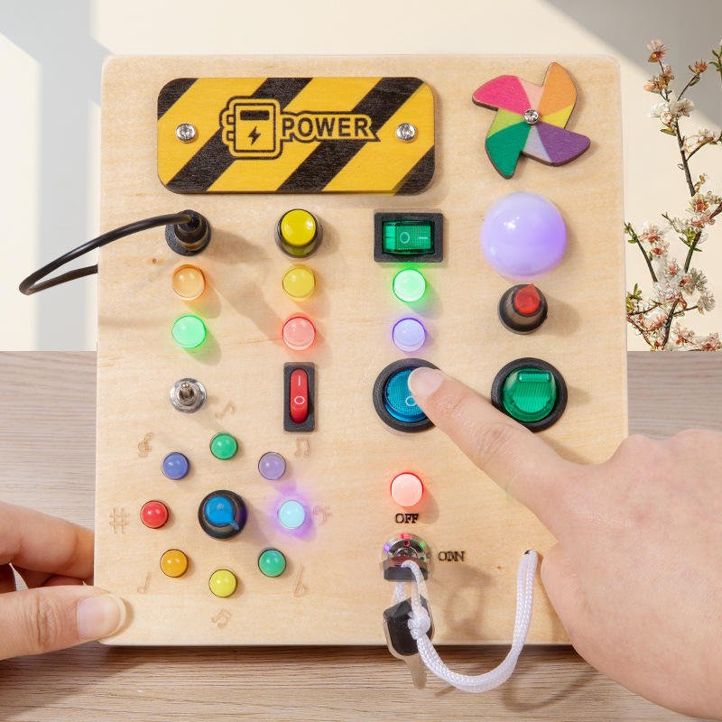 KS High Quality Kids Montessori Educational Electronic 16 Led Light Switch Wooden Busy Board Toys for Toddler