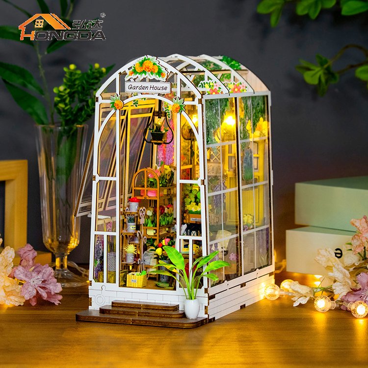 Hongda Custom Design M2313 Garden House 3D Wooden book nook Miniature DIY Book Nook Kit With Light