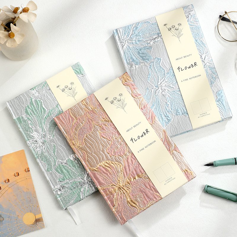 Wholesale A5 Flower Silver Gold Thread Brocade Lily Jacquard Cotton Cloth Book Fabric Hardcover Notebook Elegant Eco Friendly