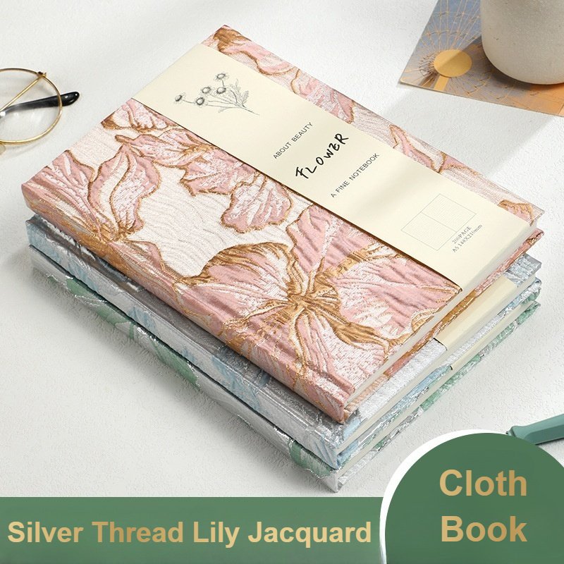 Wholesale A5 Flower Silver Gold Thread Brocade Lily Jacquard Cotton Cloth Book Fabric Hardcover Notebook Elegant Eco Friendly