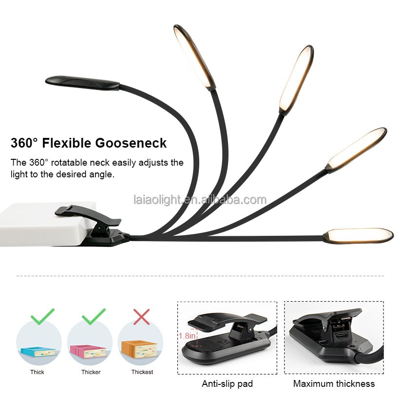 Eye-Caring Clip On LED Book Light Flexible Gooseneck Portable Reading Lamp Rechargeable with Stepless Dimmingfor Bed Kids
