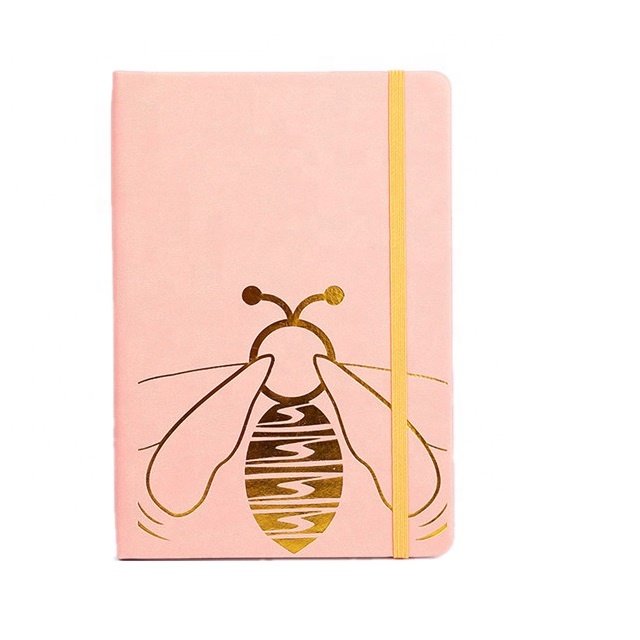 Hardcover paper book personalized logo diary planner PU leather gold stamping bee notebook with elastic band