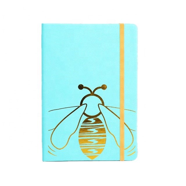 Hardcover paper book personalized logo diary planner PU leather gold stamping bee notebook with elastic band