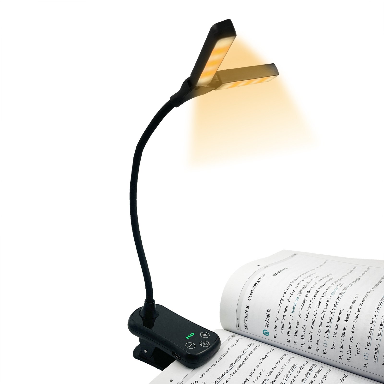LOHAS Flexible Dual-Head LED Reading Light Clip On Book Lights USB Rechargeable Bed Read Light Book for Kids Students
