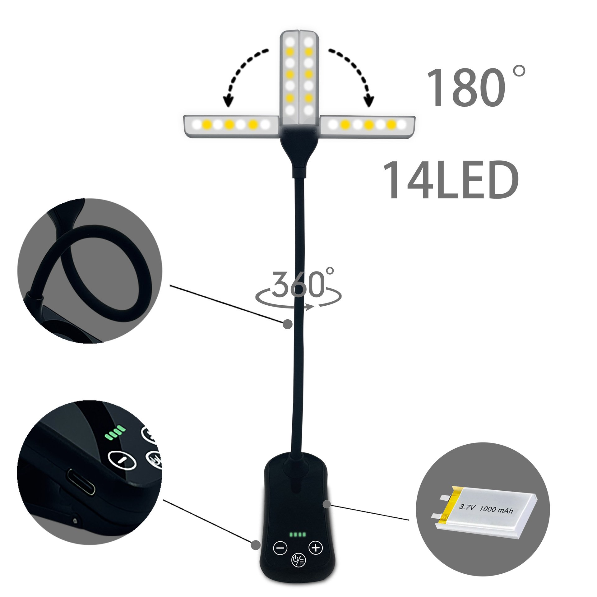 LOHAS Flexible Dual-Head LED Reading Light Clip On Book Lights USB Rechargeable Bed Read Light Book for Kids Students