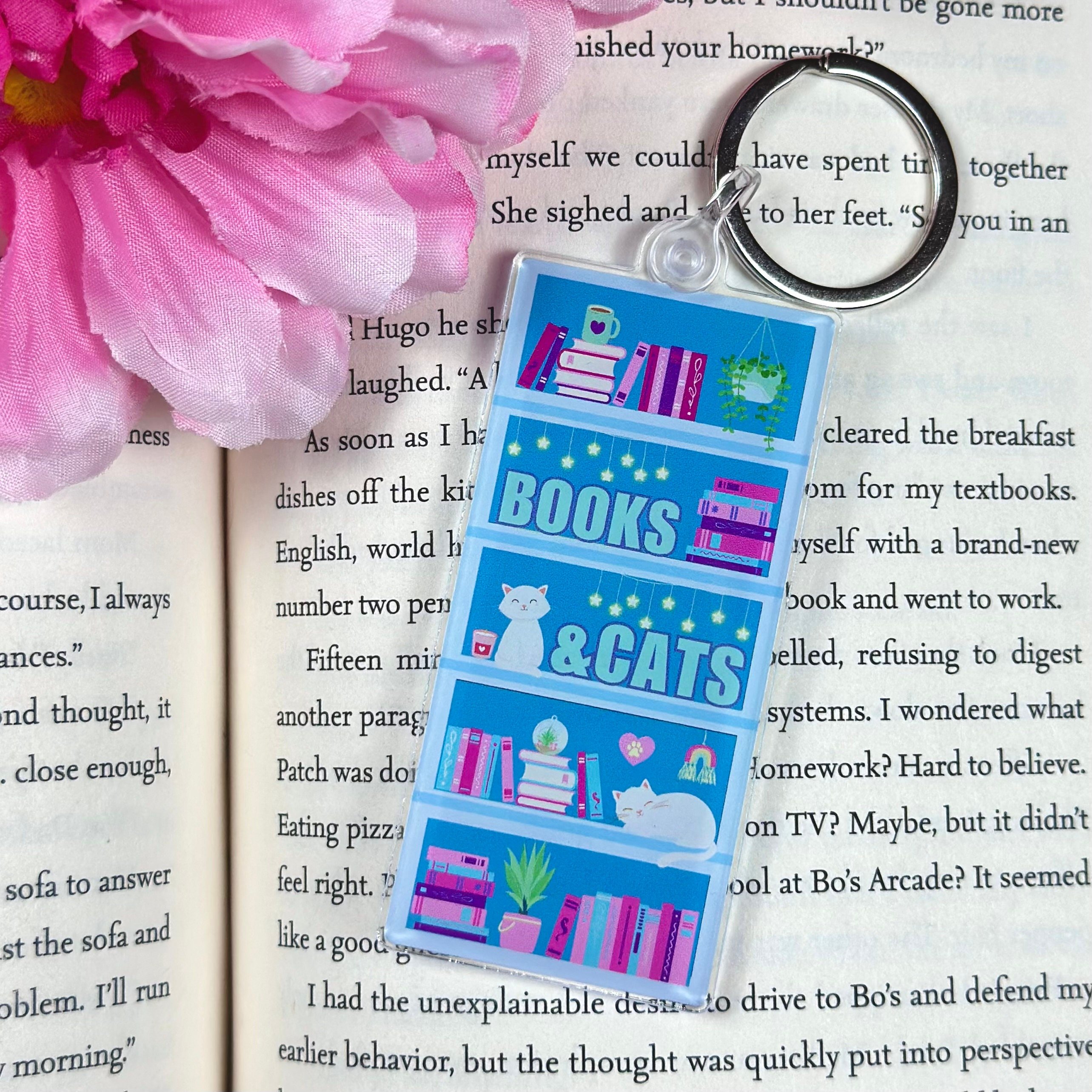 Books Cats Acrylic Keychain Cat Lover Teacher Pink and Blue Bookshelf Decor Plastic Custom Acrylic Keychains Key Chain