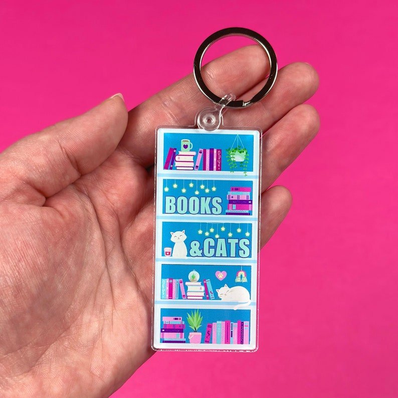 Books Cats Acrylic Keychain Cat Lover Teacher Pink and Blue Bookshelf Decor Plastic Custom Acrylic Keychains Key Chain