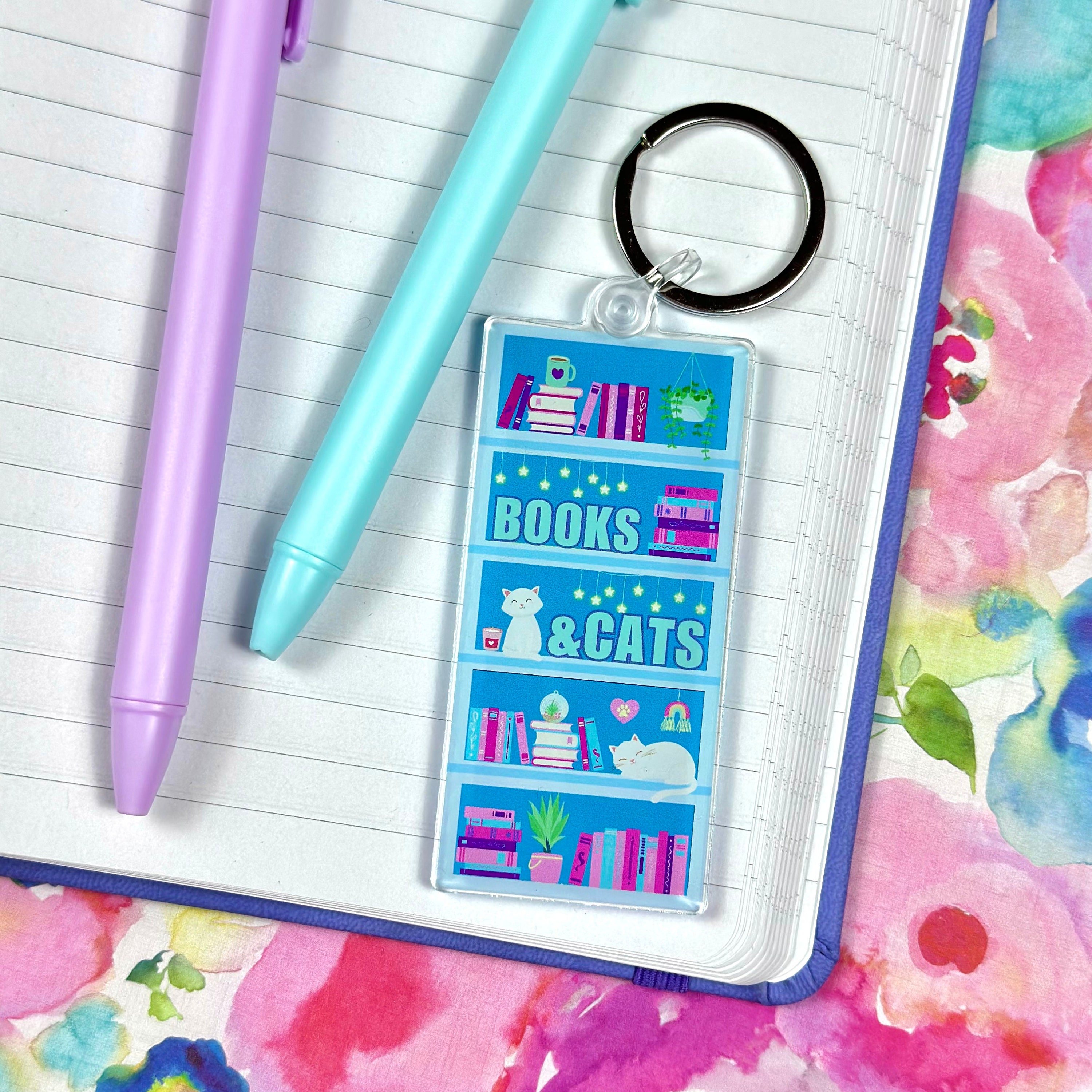 Books Cats Acrylic Keychain Cat Lover Teacher Pink and Blue Bookshelf Decor Plastic Custom Acrylic Keychains Key Chain