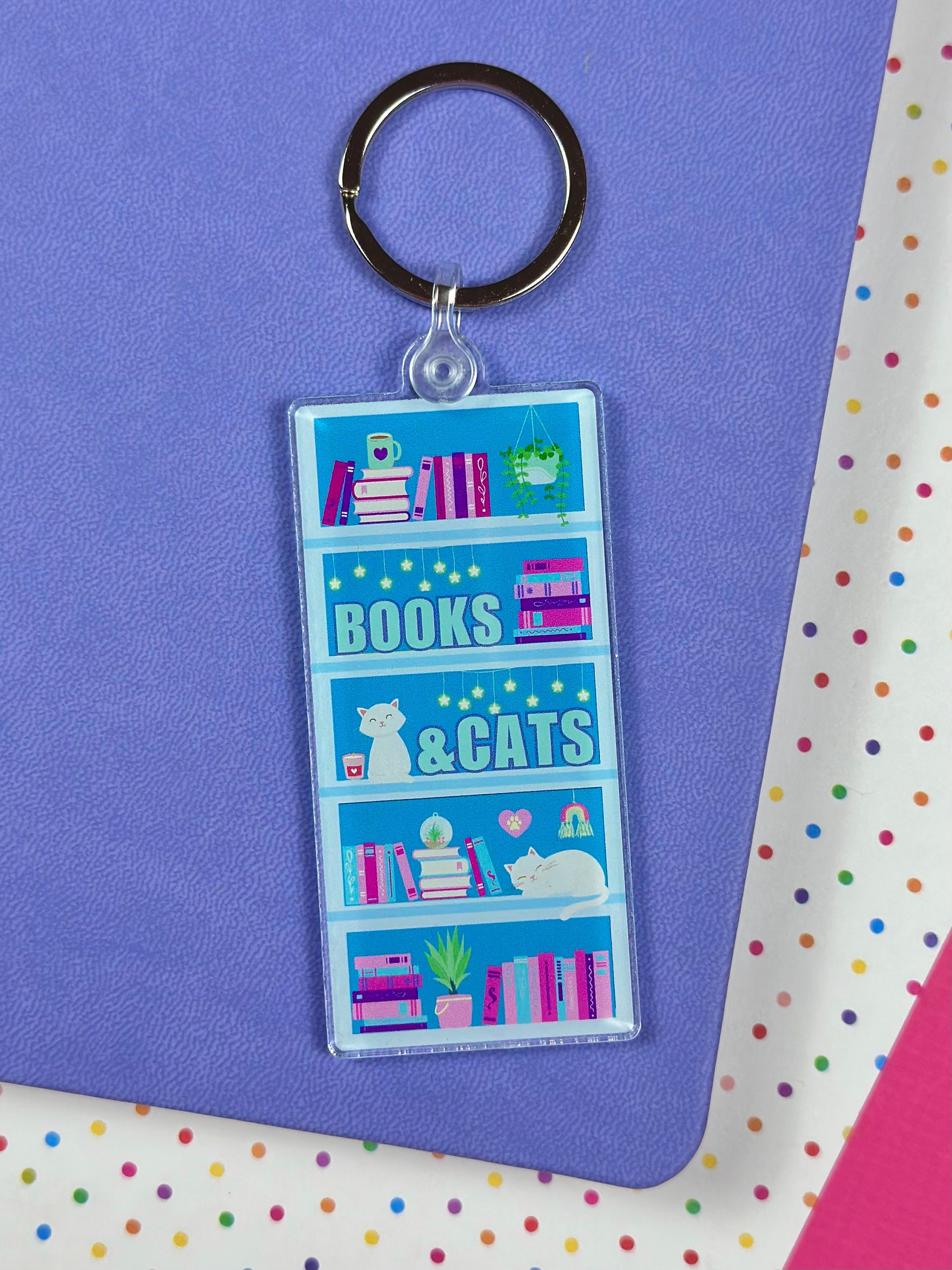 Books Cats Acrylic Keychain Cat Lover Teacher Pink and Blue Bookshelf Decor Plastic Custom Acrylic Keychains Key Chain