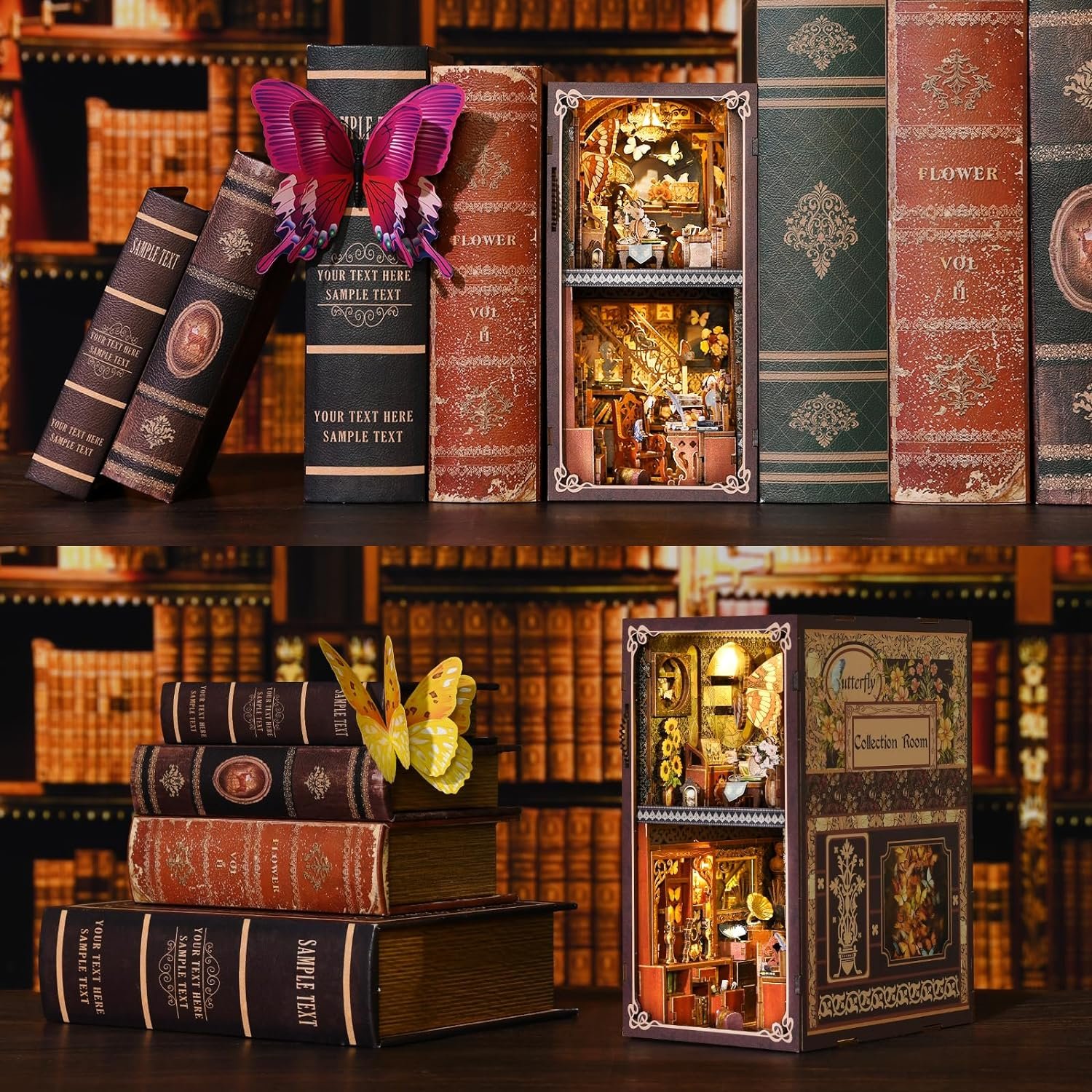 Aslowsnail Butterfly Collection Room Wooden 3D Book Nook Kit DIY Book Nook with LED Light