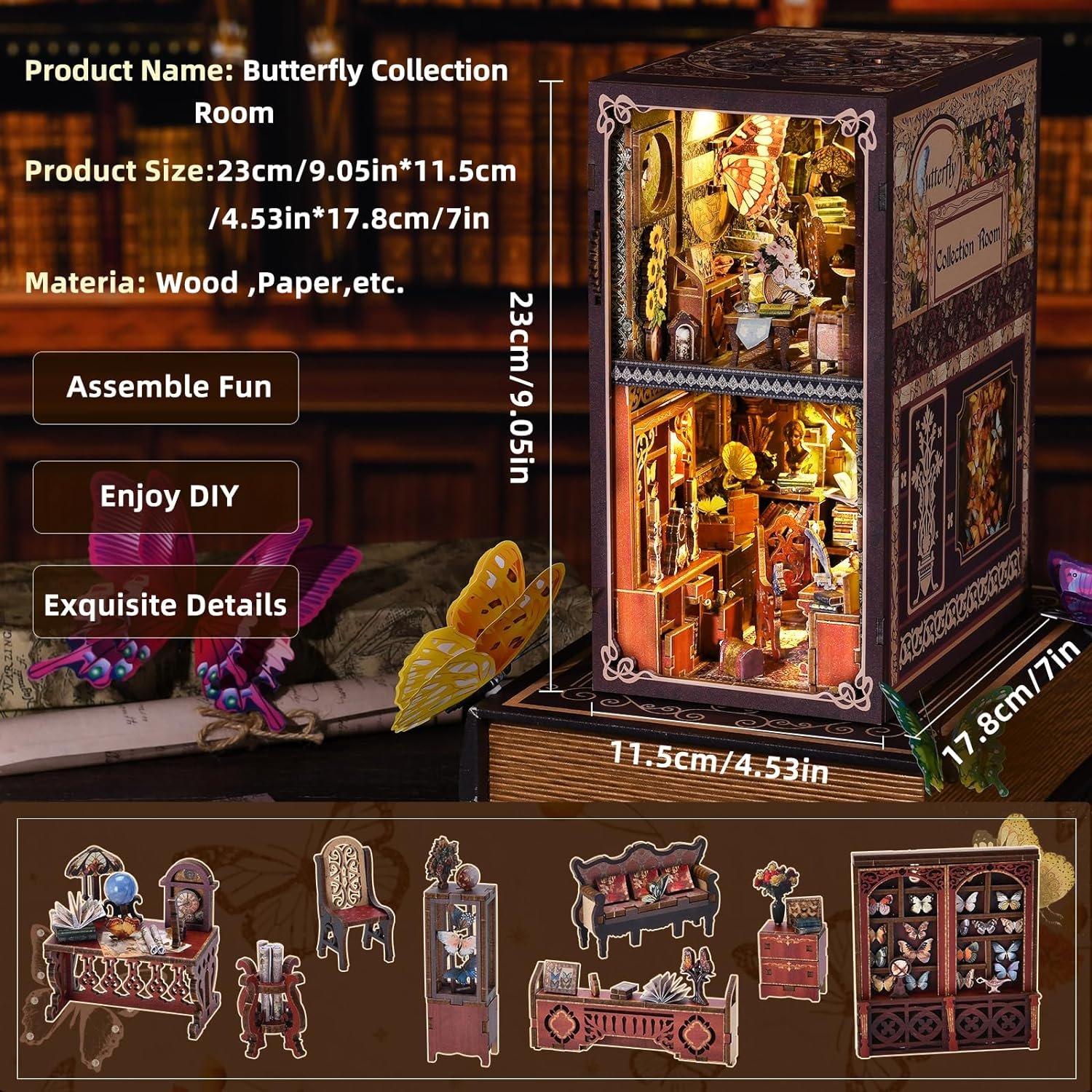 Aslowsnail Butterfly Collection Room Wooden 3D Book Nook Kit DIY Book Nook with LED Light