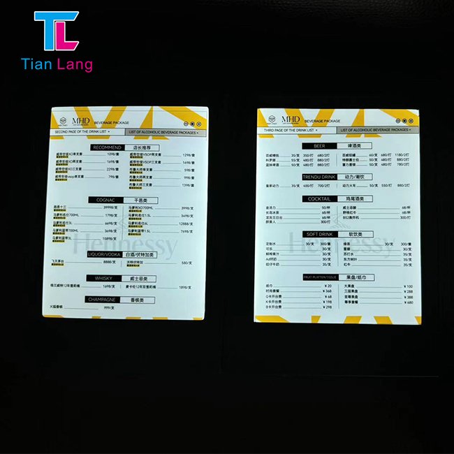 tianlang Restaurant luminous LED menu customized restaurant menu cover display LED luminous wine and beverage menu