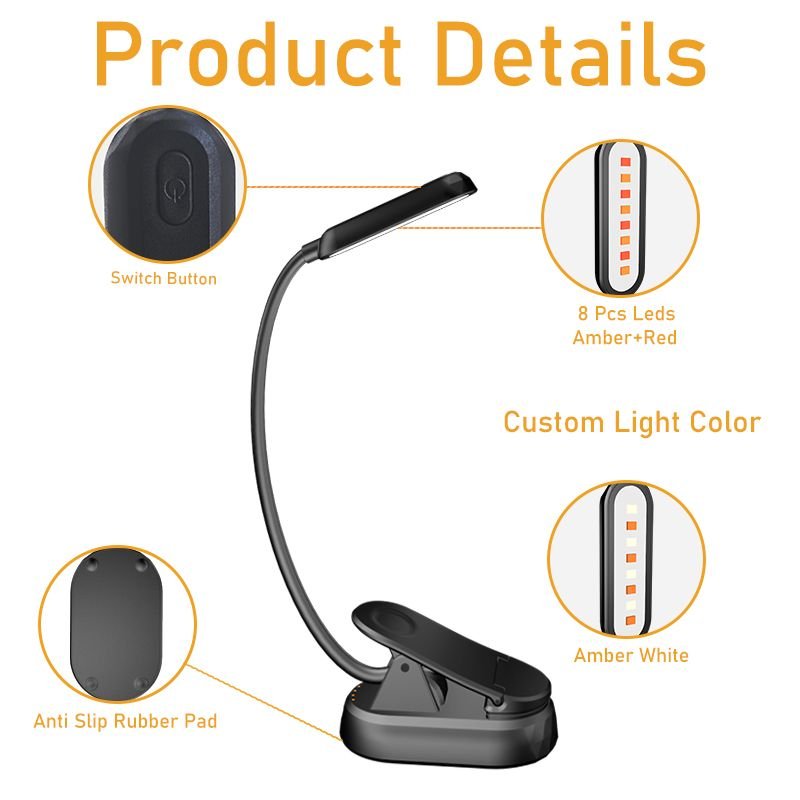Light Weight High Quality Eye Care Creative Foldable Clip on Book Light With Usb Rechargeable Block Blue