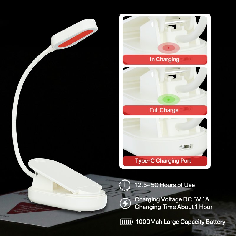 Clip on Rechargeable LED Book Light 660nm Red Light Reading Light with Eye Protection 3 Level Brightness USB lamp