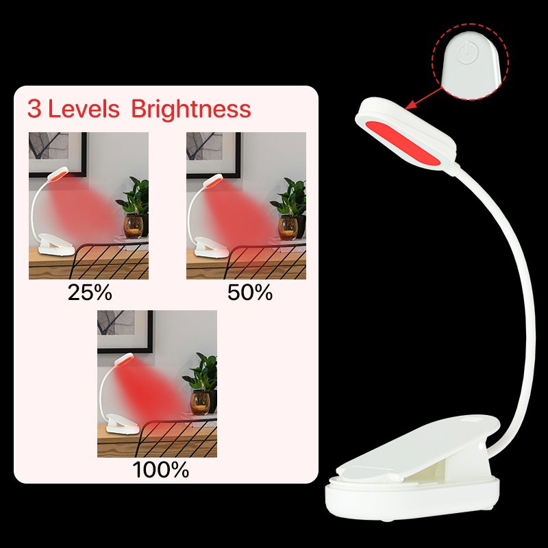 Clip on Rechargeable LED Book Light 660nm Red Light Reading Light with Eye Protection 3 Level Brightness USB lamp