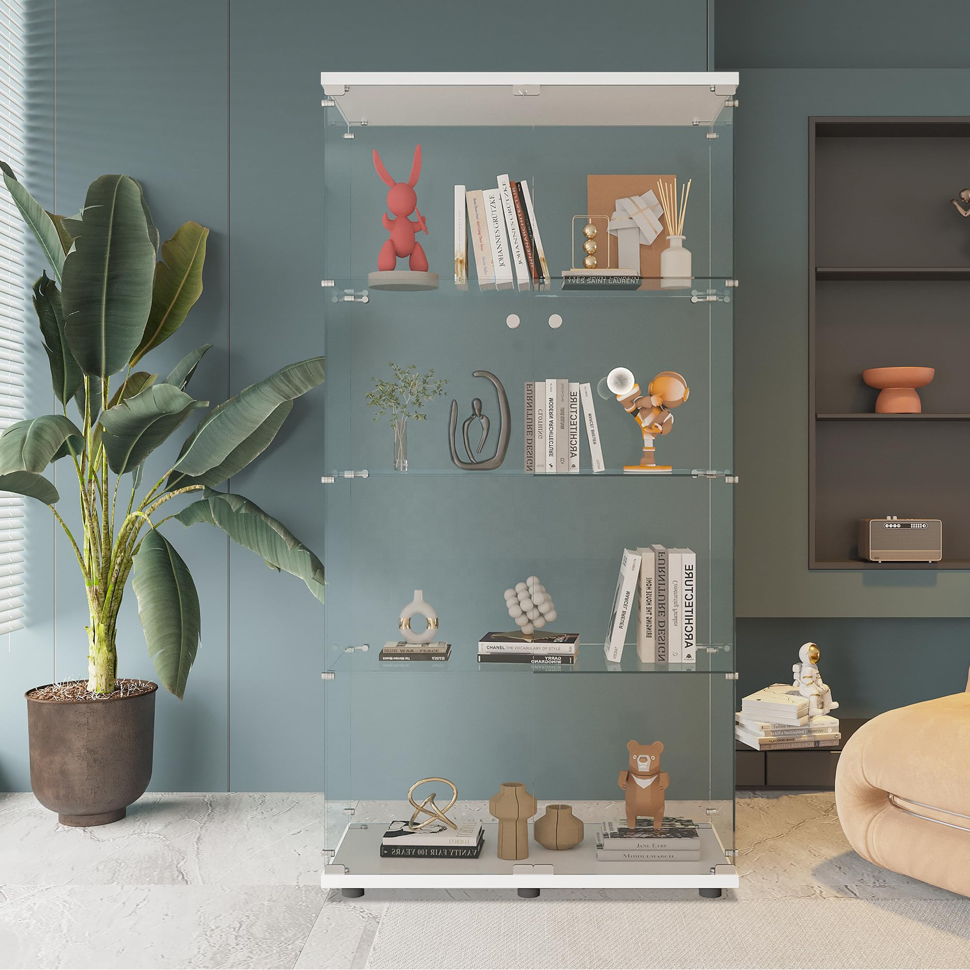 Customized led light showcase design aluminium glass display stand floor standing glass cabinet for book toy curio living room