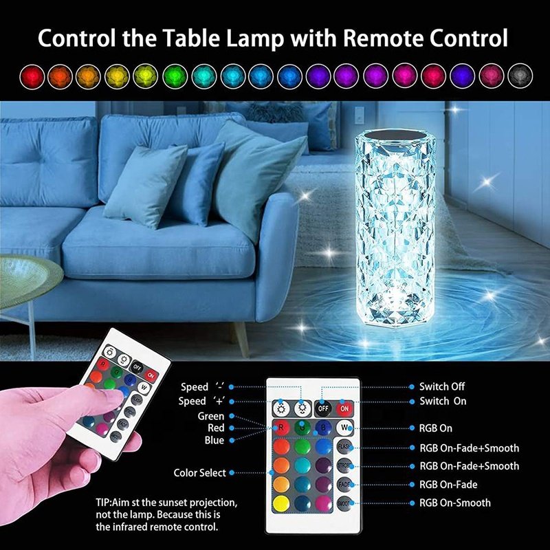 Hot Home Decor Rechargeable Rose Crystal Desk Lamp Night Light Bedroom Bedside Touch Crystal LED Acrylic Transparent Modern 75