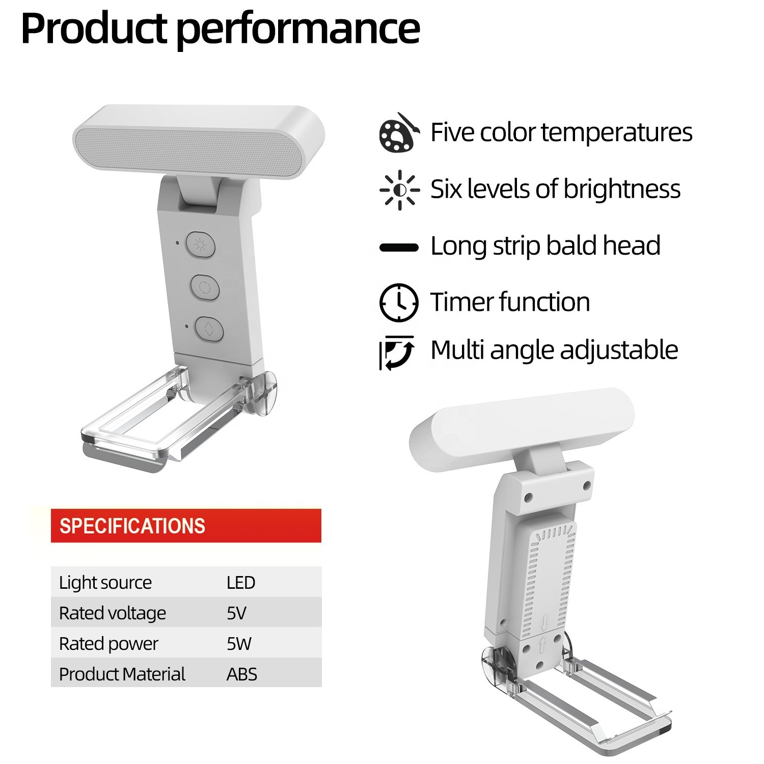 Rechargeable reading attachable lamp on the book white shade bright mini foldable clip LED desk book lamp portable for reading