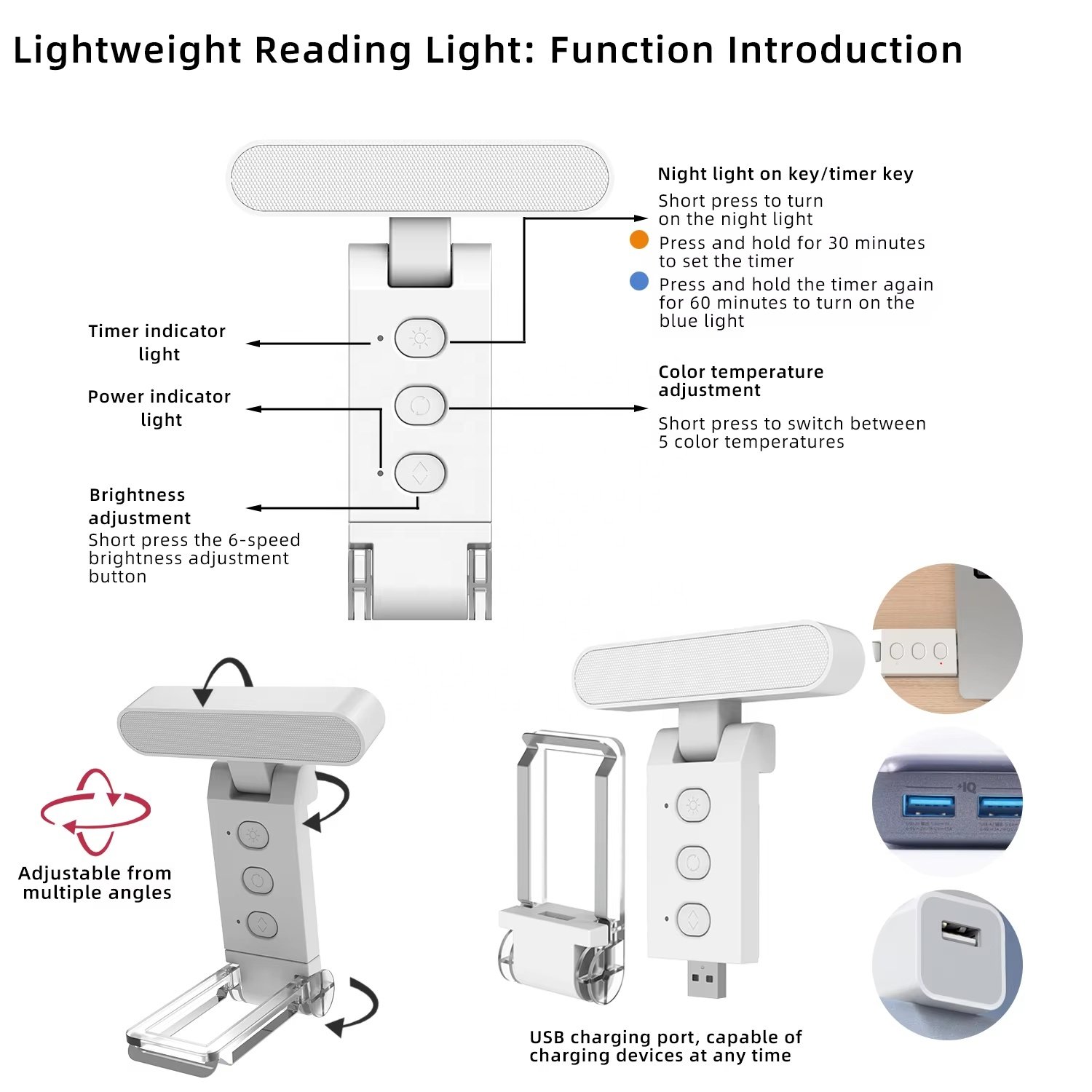 Rechargeable reading attachable lamp on the book white shade bright mini foldable clip LED desk book lamp portable for reading