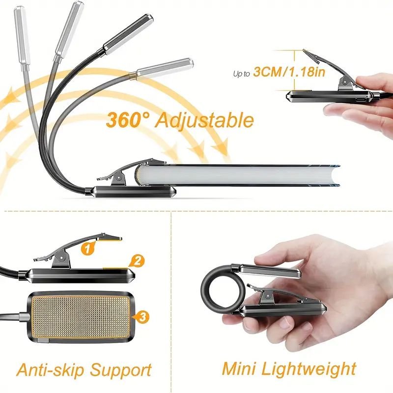 custom led usb rechargeable reading light, battery powered eye care clip-on book lights for bedroom