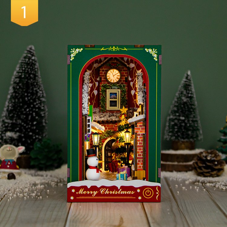 Hongda Wood Book Nook PC2417 Winter of Christmas Book Nook kit Miniature Diy Book Nook With Light