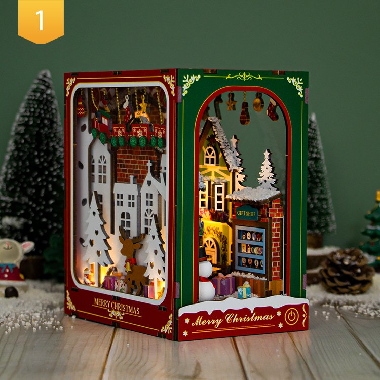 Hongda Wood Book Nook PC2417 Winter of Christmas Book Nook kit Miniature Diy Book Nook With Light
