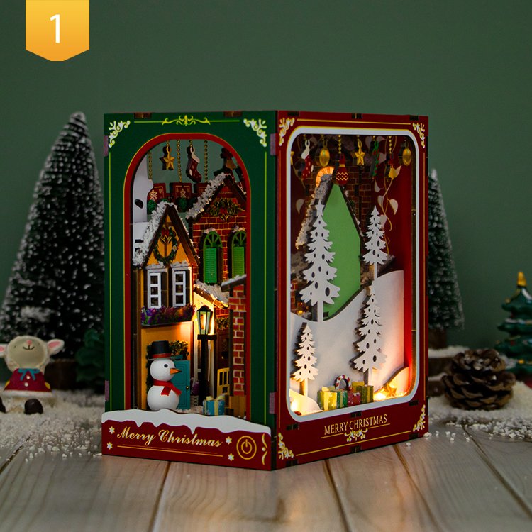 Hongda Wood Book Nook PC2417 Winter of Christmas Book Nook kit Miniature Diy Book Nook With Light