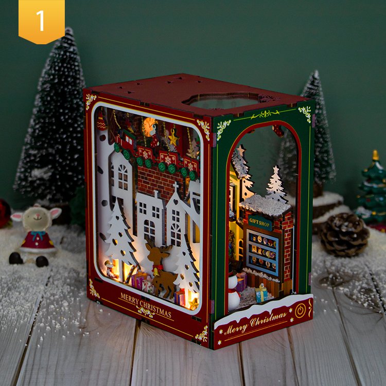 Hongda Wood Book Nook PC2417 Winter of Christmas Book Nook kit Miniature Diy Book Nook With Light