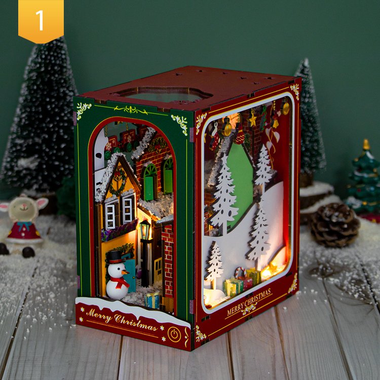 Hongda Wood Book Nook PC2417 Winter of Christmas Book Nook kit Miniature Diy Book Nook With Light