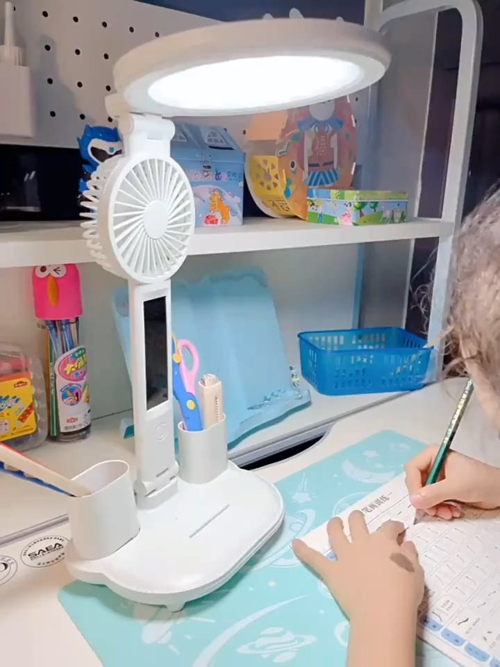 LED Clock Table Lamp USB Chargeable Dimmable Desk Lamp Plug-in LED Fan Light Foldable Eye Protection Reading Night Light