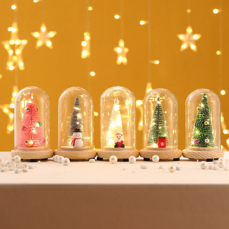 Mini Christmas Tree Led Night Light Christmas Desktop Decoration Tree Glass Cover Table Lamp Ornament