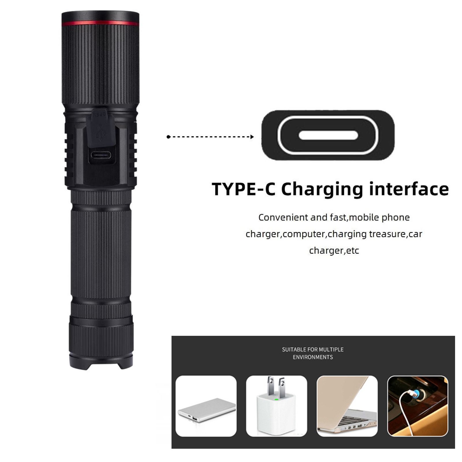 Zoomable 4-Colour light White/Red/Green/Blue LED Flashlight USB Charging Fishing Camping Hunting Photography Selfie Hiking Torch